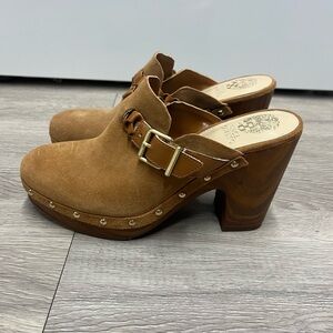 Vince Camuto Brown Suede Mules with Gold Buckle